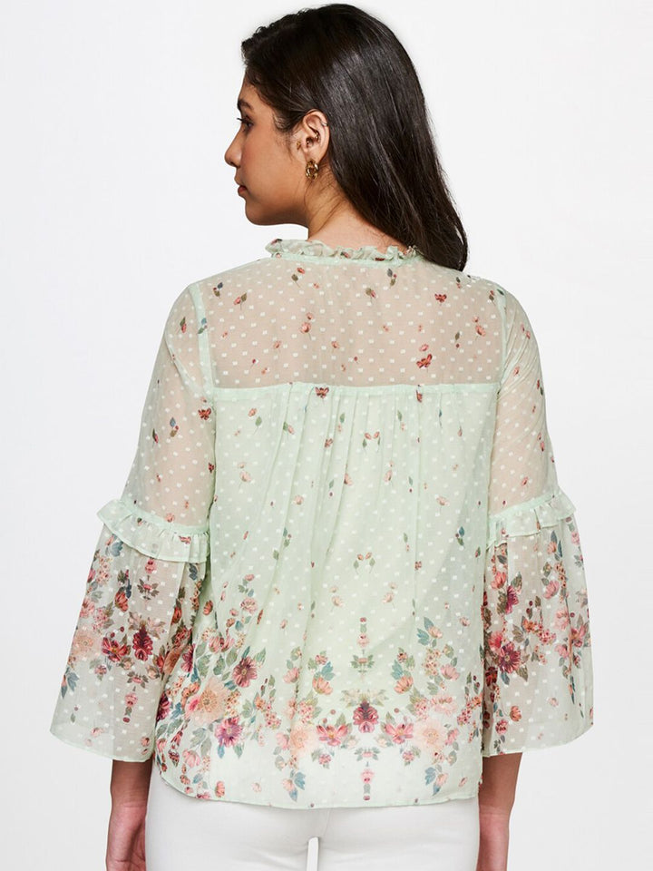 AND Women Sea Green & Maroon Floral Printed V-Neck Top