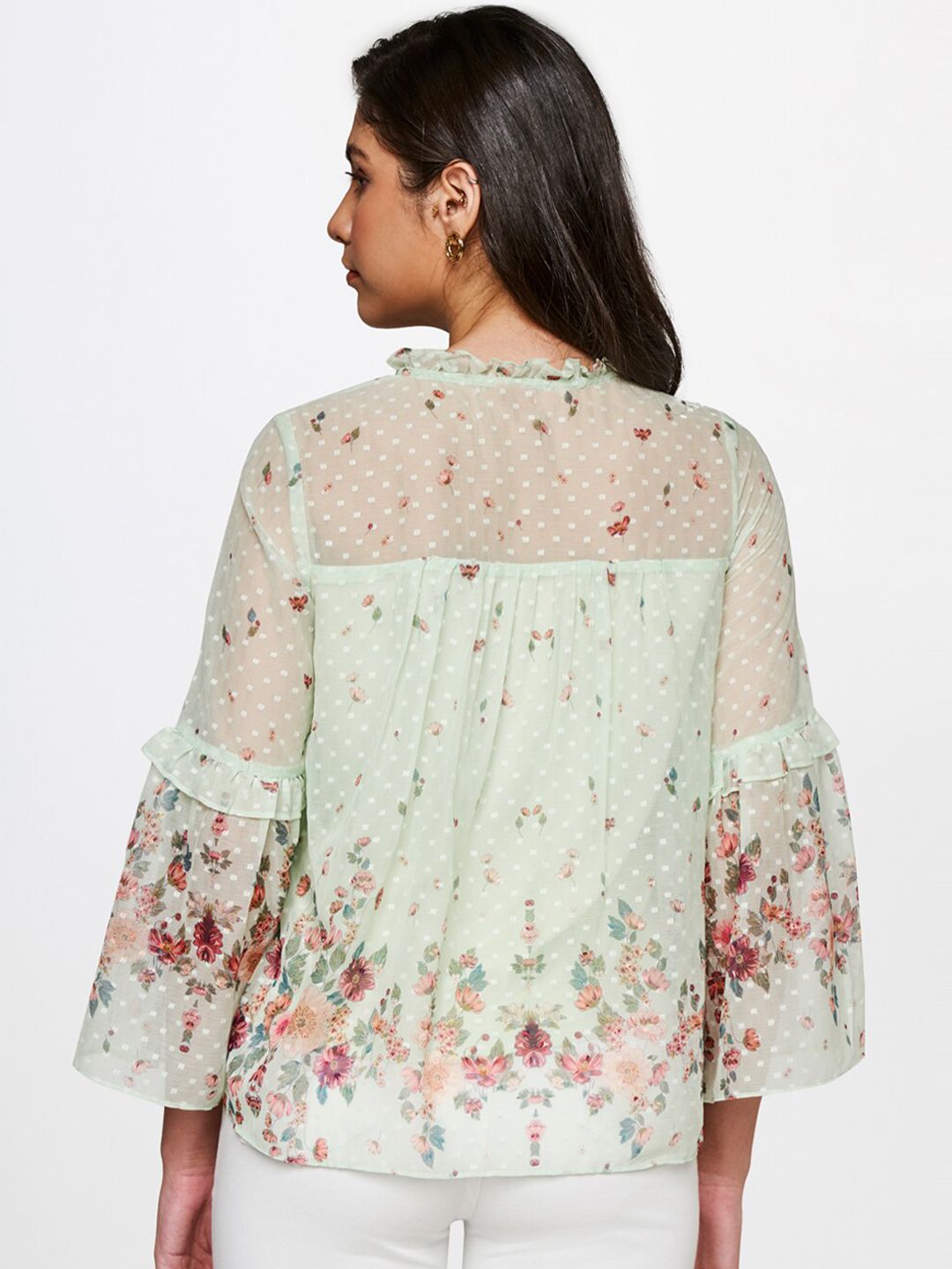 AND Women Sea Green & Maroon Floral Printed V-Neck Top