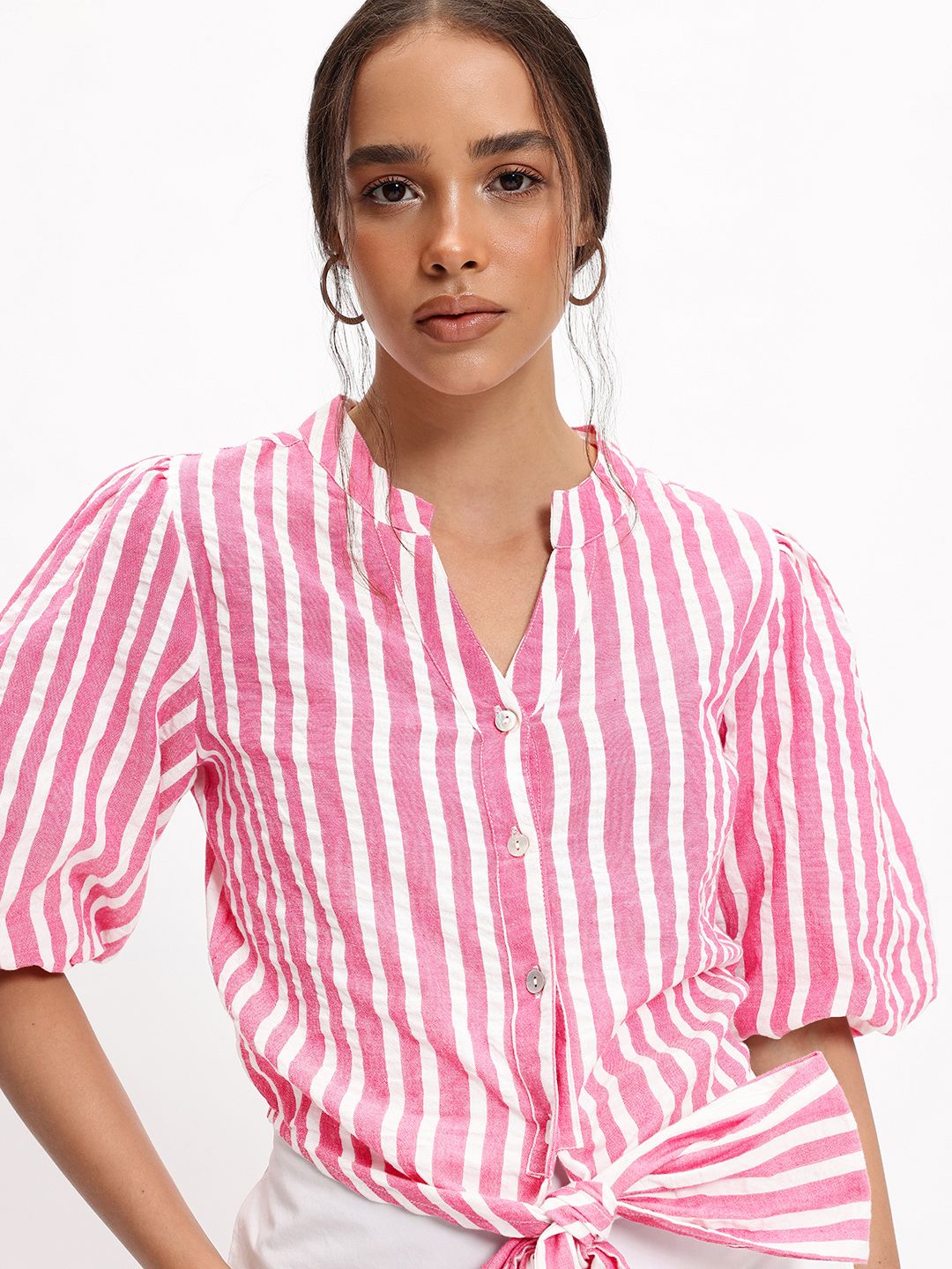 DressBerry Preppy Perfect Stripes Knotted Cotton Shirt Style Top