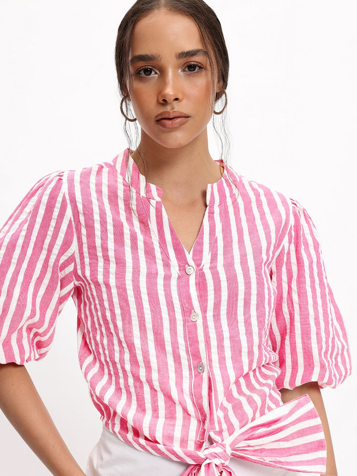 DressBerry Preppy Perfect Stripes Knotted Cotton Shirt Style Top
