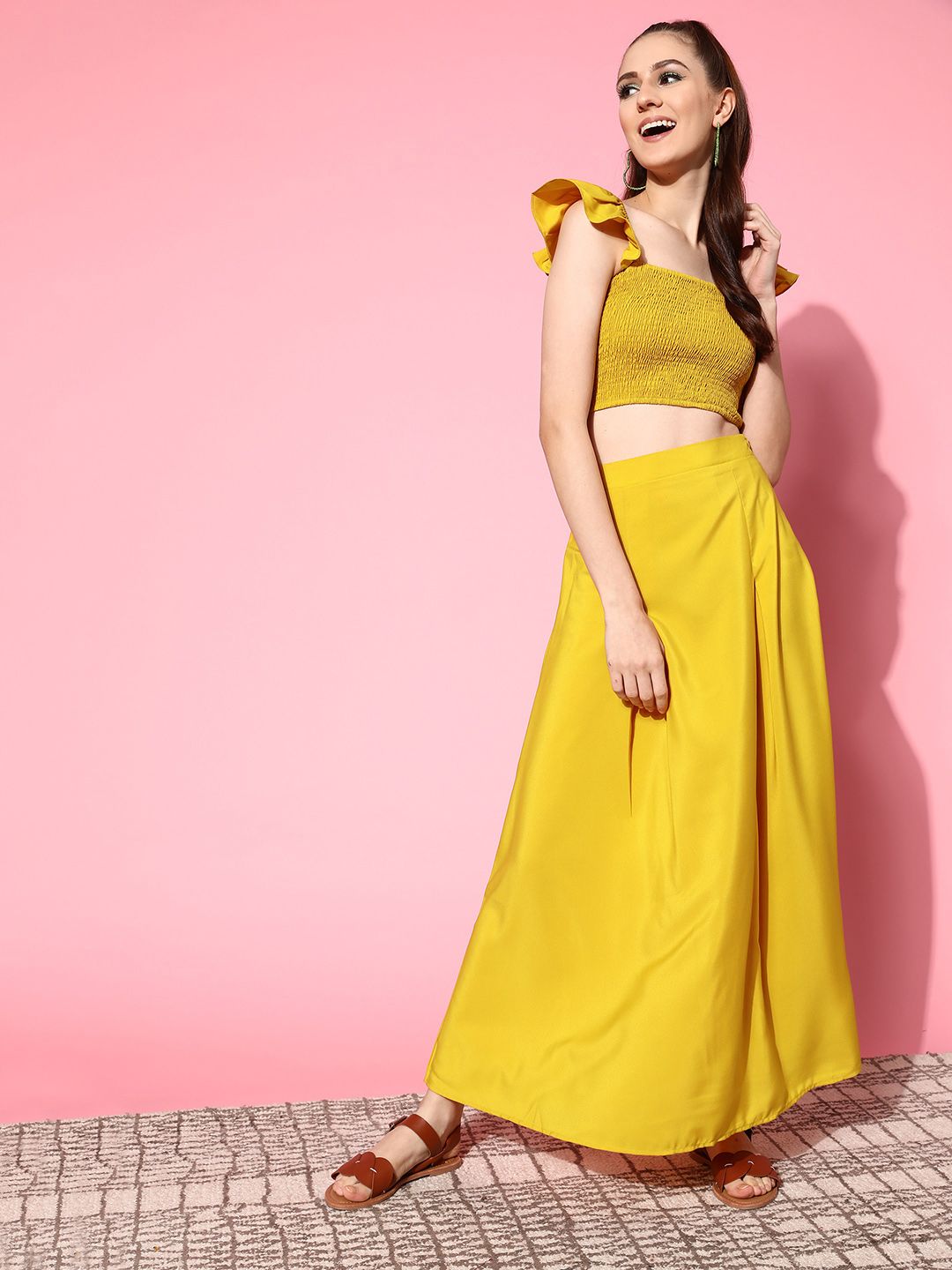 Berrylush Women Gorgeous Yellow Self-Design Top with Solid Skirt