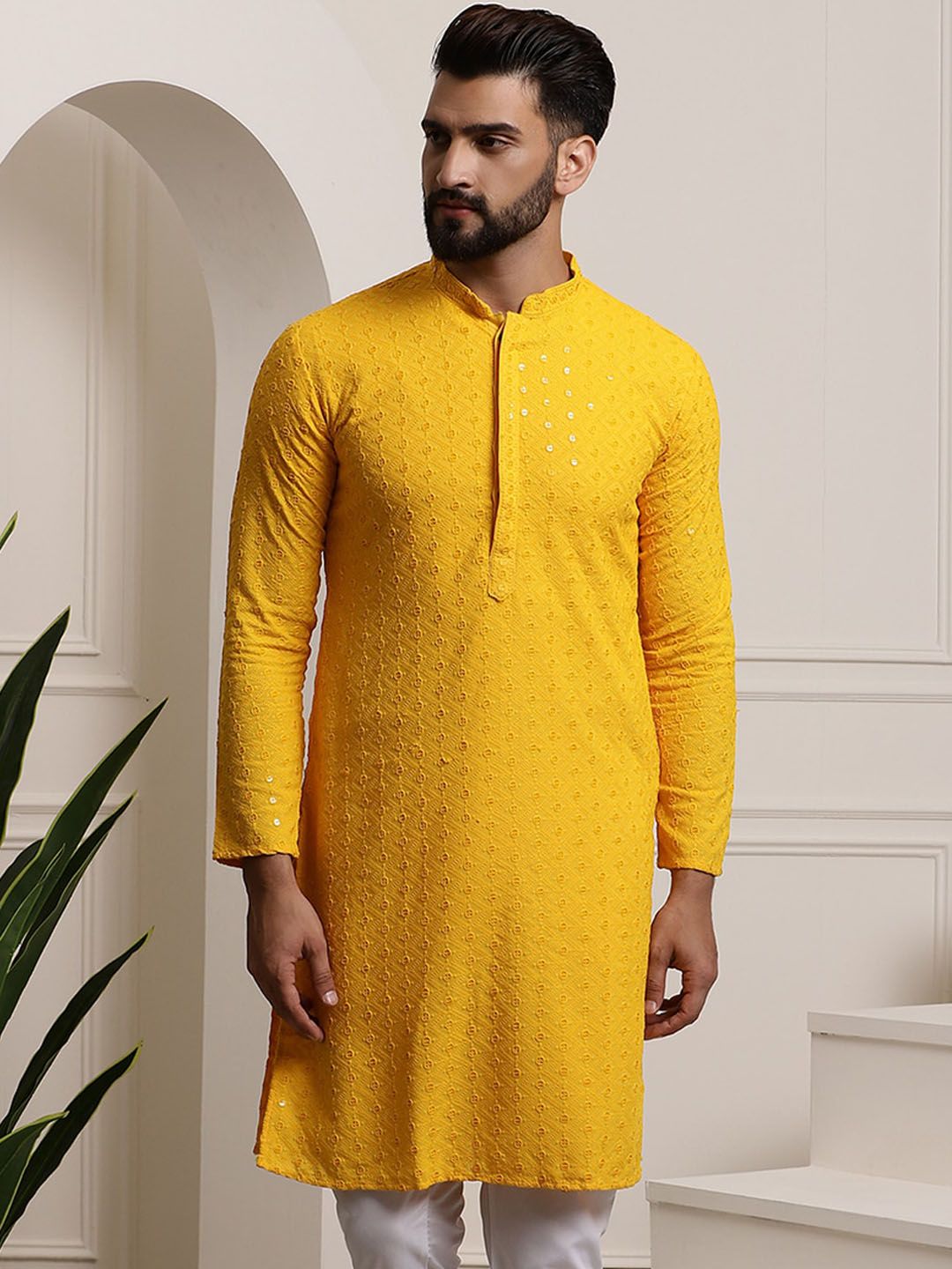 SOJANYA Ethnic Embroidered Mirror Work Pure Cotton Straight Kurta
