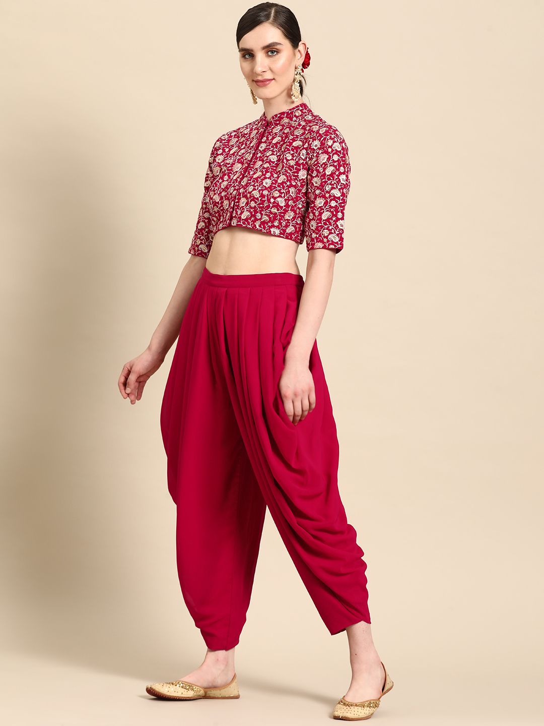 Libas Pure Georgette Ruffled Detail Dhoti Saree with Stitched Blouse