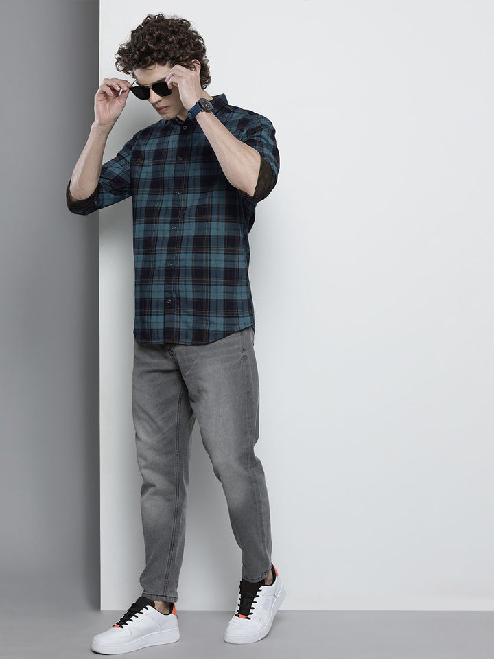 The Indian Garage Co Men Blue & Coffee Brown Comfort Reversible Checked FloralCotton Shirt