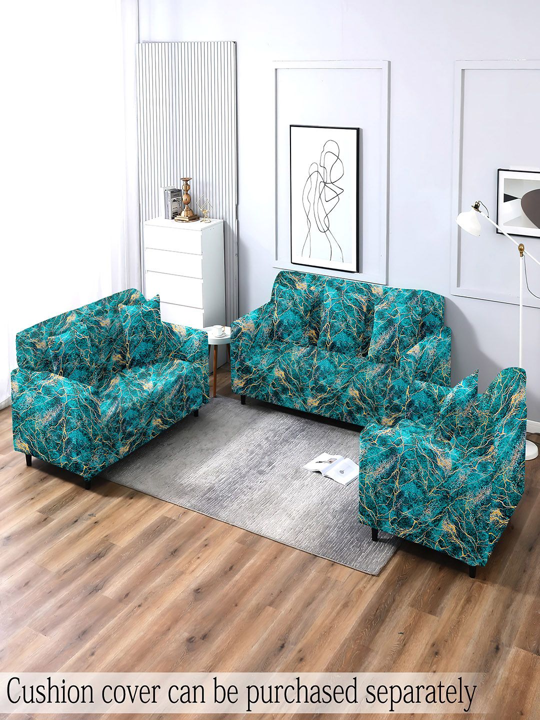 Cortina Teal Green Printed Polyester 4 Seater Stretchable Non-Slip Sofa Cover