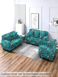 Cortina Teal Green Printed Polyester 4 Seater Stretchable Non-Slip Sofa Cover