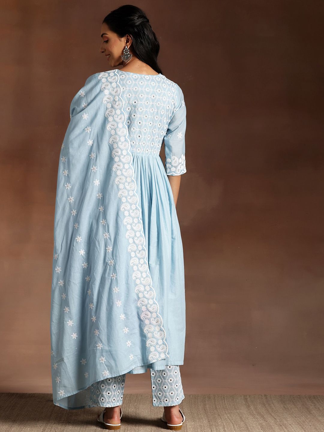 Libas Blue Paisley Embroidered V-Neck Flared Thread Work Pure Cotton A-Line Kurta Set