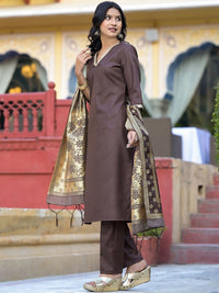 Vishudh Brown & Gold Toned V Neck Regular Kurta with Trousers & With Dupatta