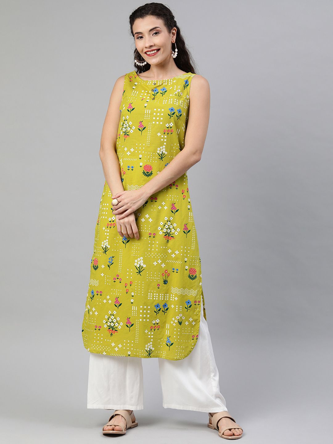 Anouk Women Green & White Floral Printed Boat Neck Straight Kurta