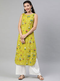 Anouk Women Green & White Floral Printed Boat Neck Straight Kurta