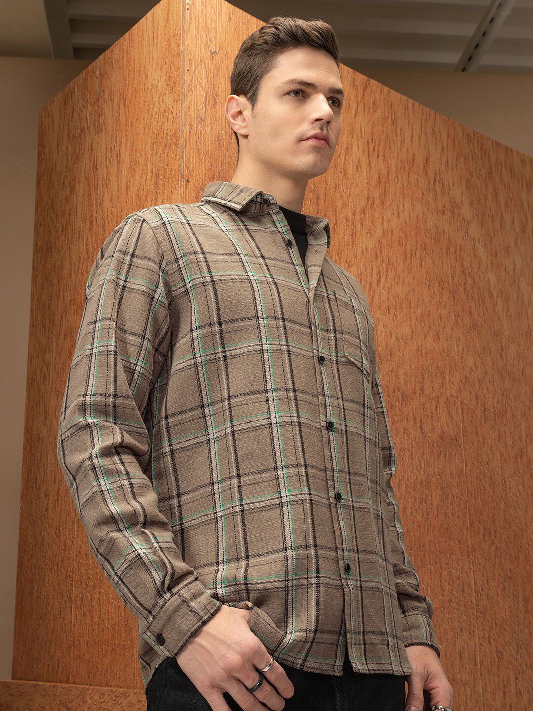 Locomotive Premium Men Khaki Relaxed Fit Dobby Textured Checked Shirt