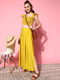 Berrylush Women Gorgeous Yellow Self-Design Top with Solid Skirt