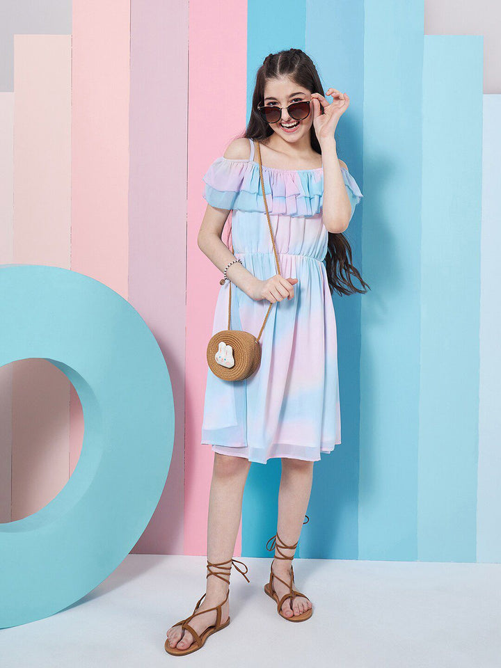 pspeaches Girls Tie & Dye Off-Shoulder Georgette Fit & Flare Dress