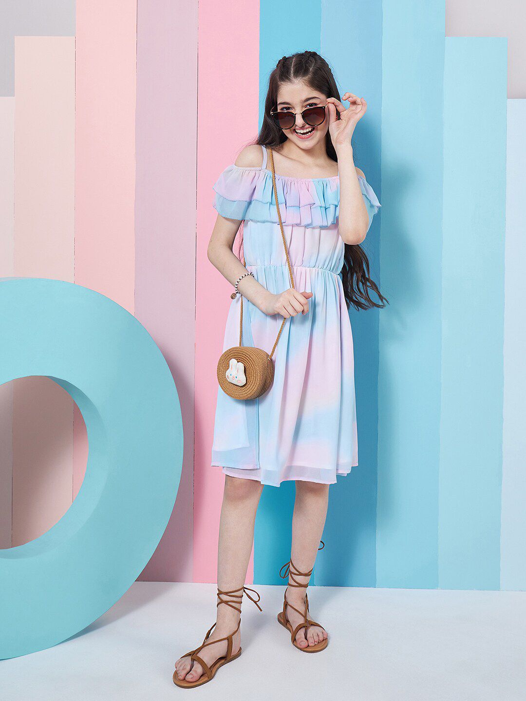pspeaches Girls Tie & Dye Off-Shoulder Georgette Fit & Flare Dress