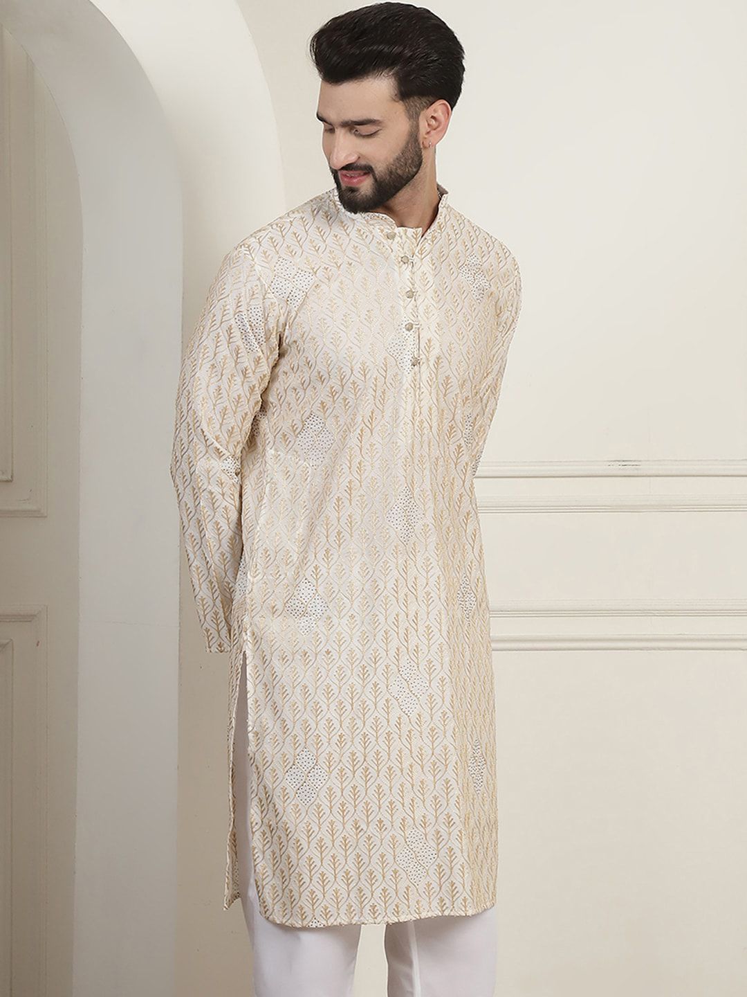 SOJANYA Woven Design Mandarin Collar Pure Cotton Straight Kurta