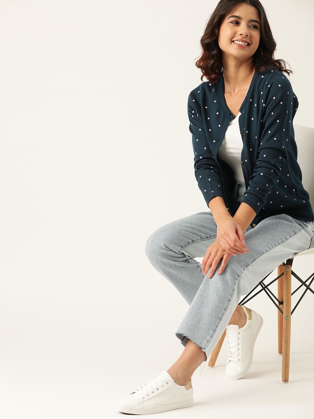 DressBerry Women Navy Blue & Off-White Acrylic Printed Cardigan