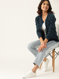 DressBerry Women Navy Blue & Off-White Acrylic Printed Cardigan