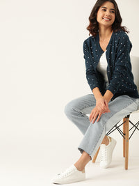DressBerry Women Navy Blue & Off-White Acrylic Printed Cardigan