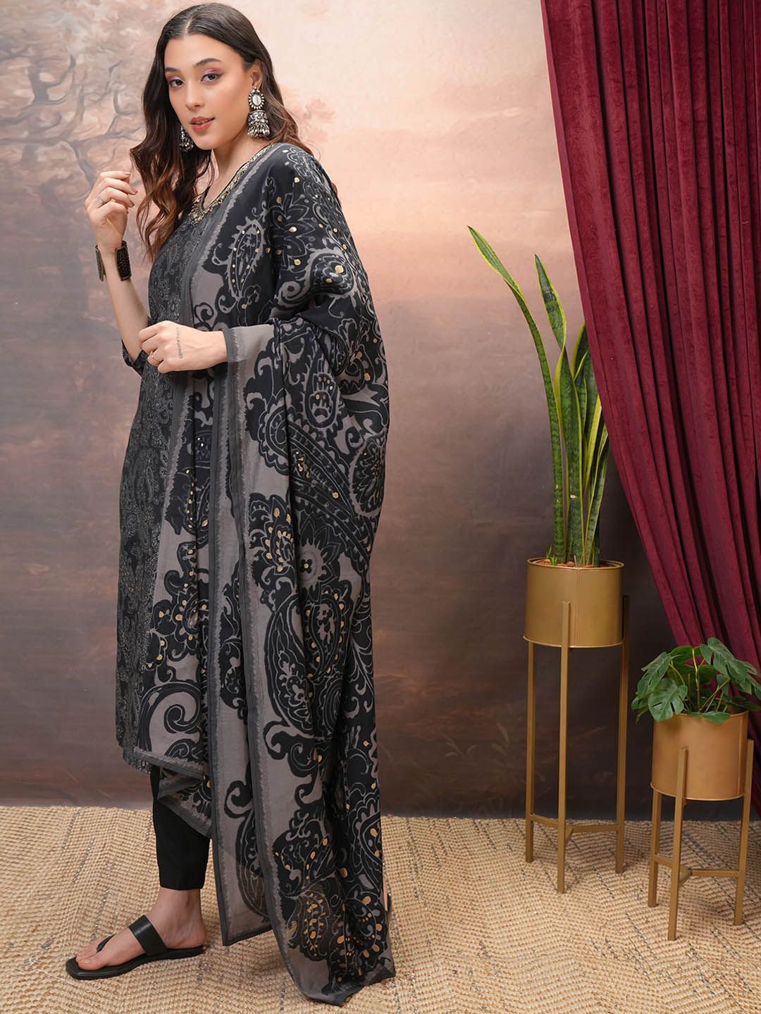 Vishudh Black Paisley Printed Sequinned Straight Kurta With Trousers & Dupatta