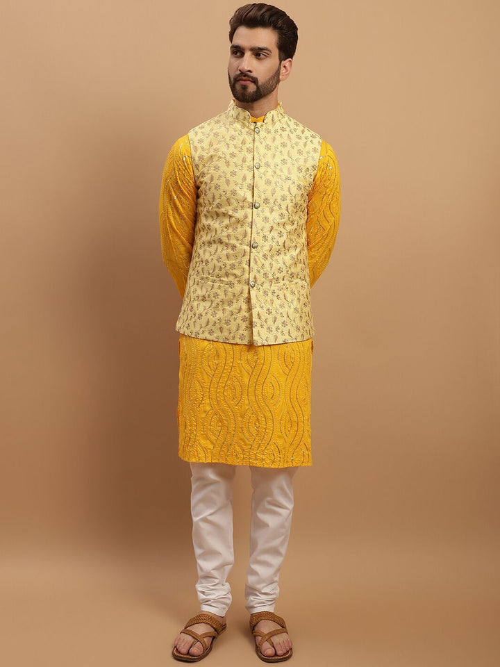 SOJANYA Embroidered Sequinned Pure Cotton Kurta with Churidar & Embroidered Nehru Jacket