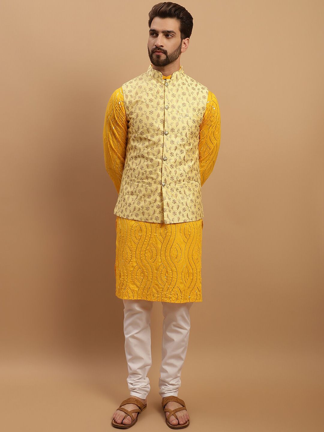 SOJANYA Embroidered Sequinned Pure Cotton Kurta with Churidar & Embroidered Nehru Jacket