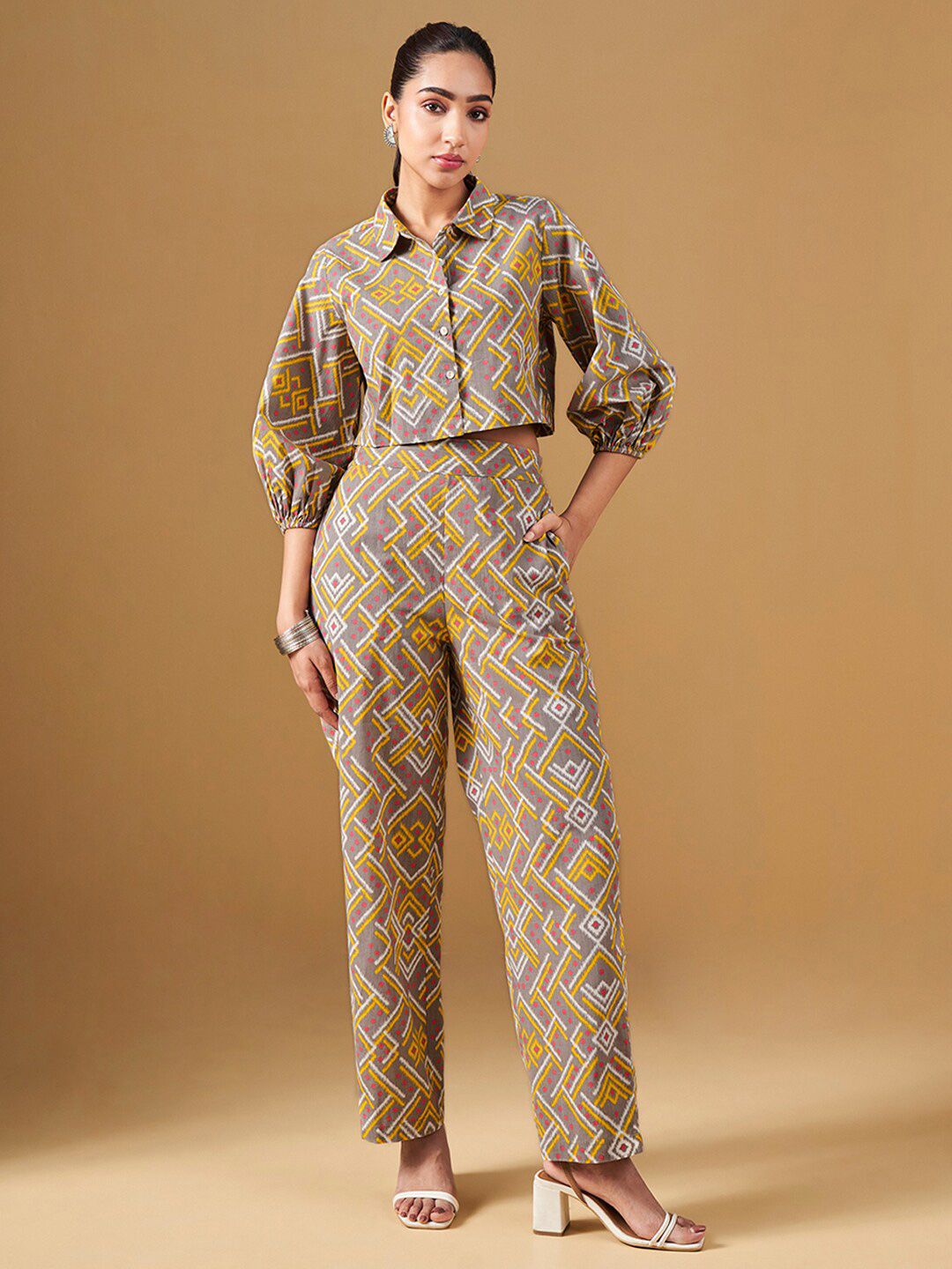 Global Desi Geometric Printed Pure Cotton Shirt With Trousers