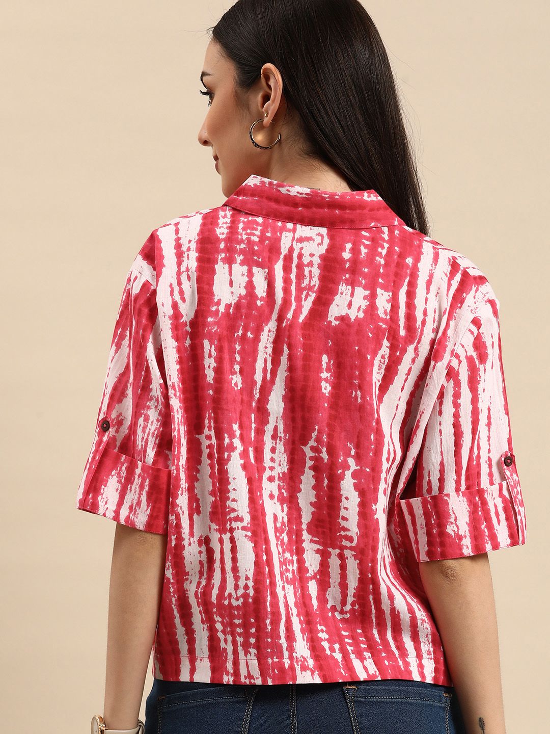 Anouk Pink Tie and Dye Print Roll-Up Sleeves Top