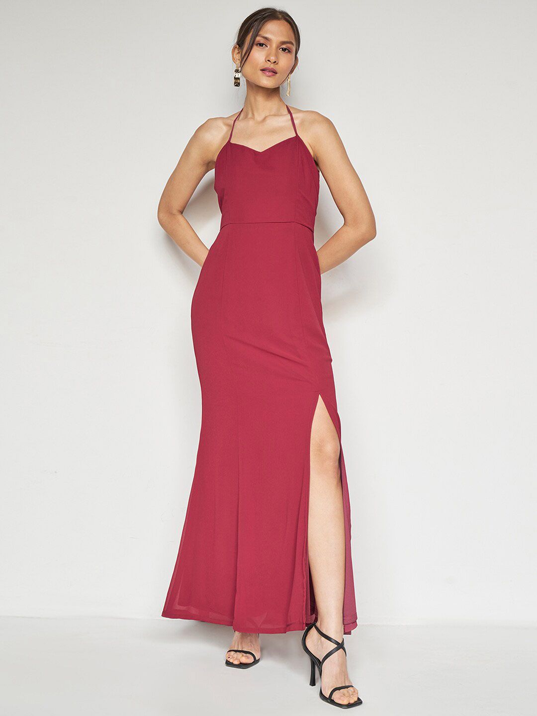 AND Halter Neck Tie-Up Detail Smocked Maxi Dress With Shrug