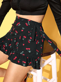 Berrylush Women Black & Red Cherry Print High-Rise Mini Wrap Skorts