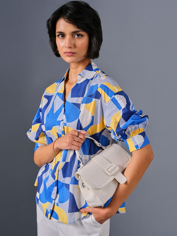 AND Geometric Print Extended Sleeves Cotton Shirt Style Top