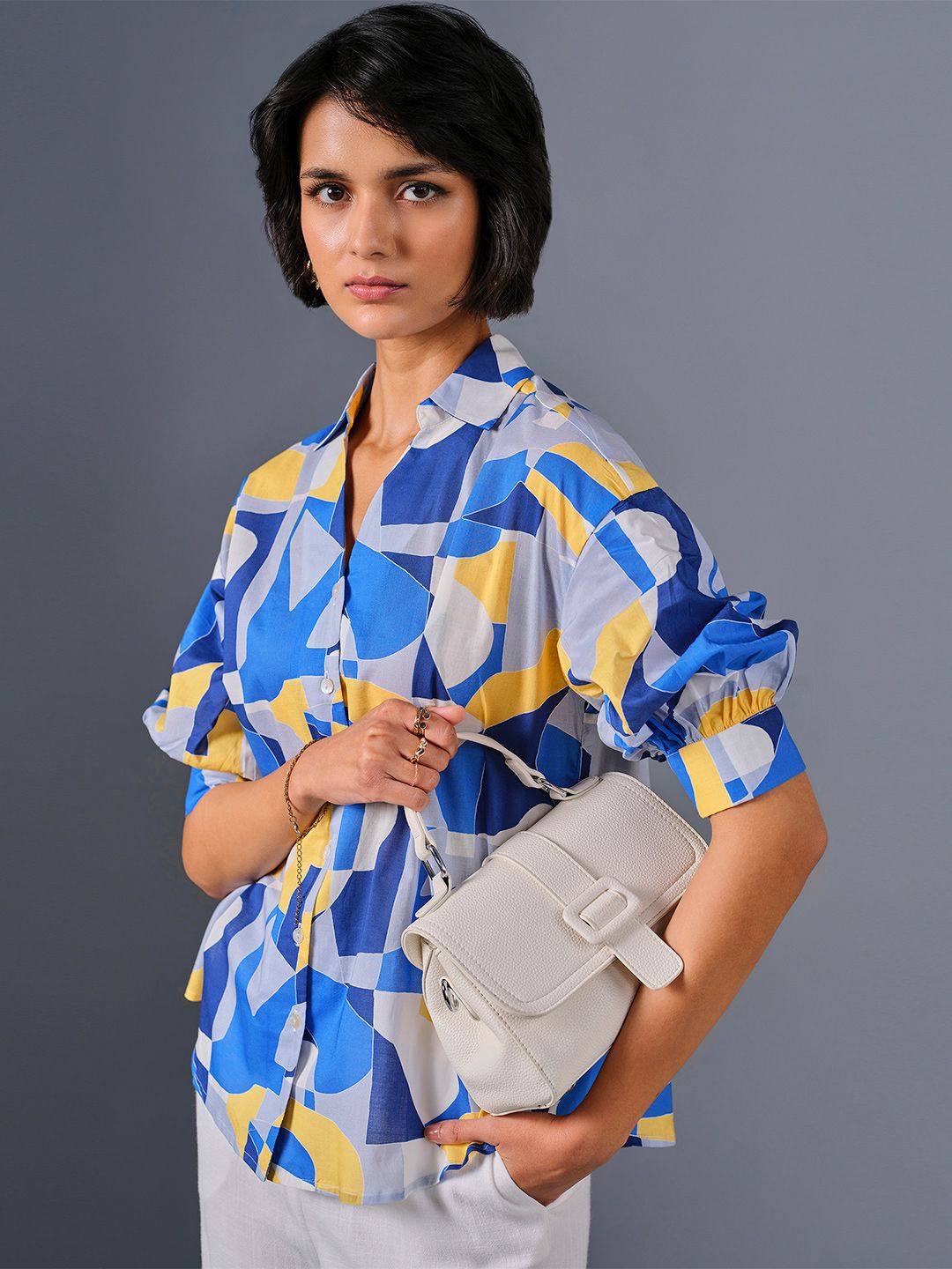 AND Geometric Print Extended Sleeves Cotton Shirt Style Top