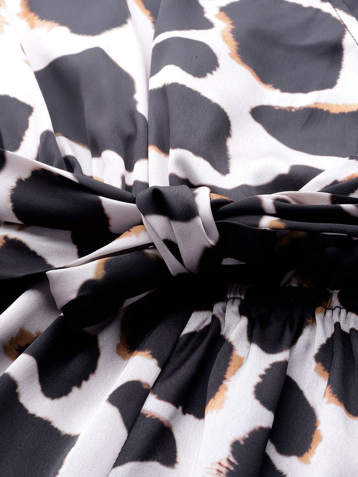 SASSAFRAS Off White & Black Animal Print Satin Playsuit