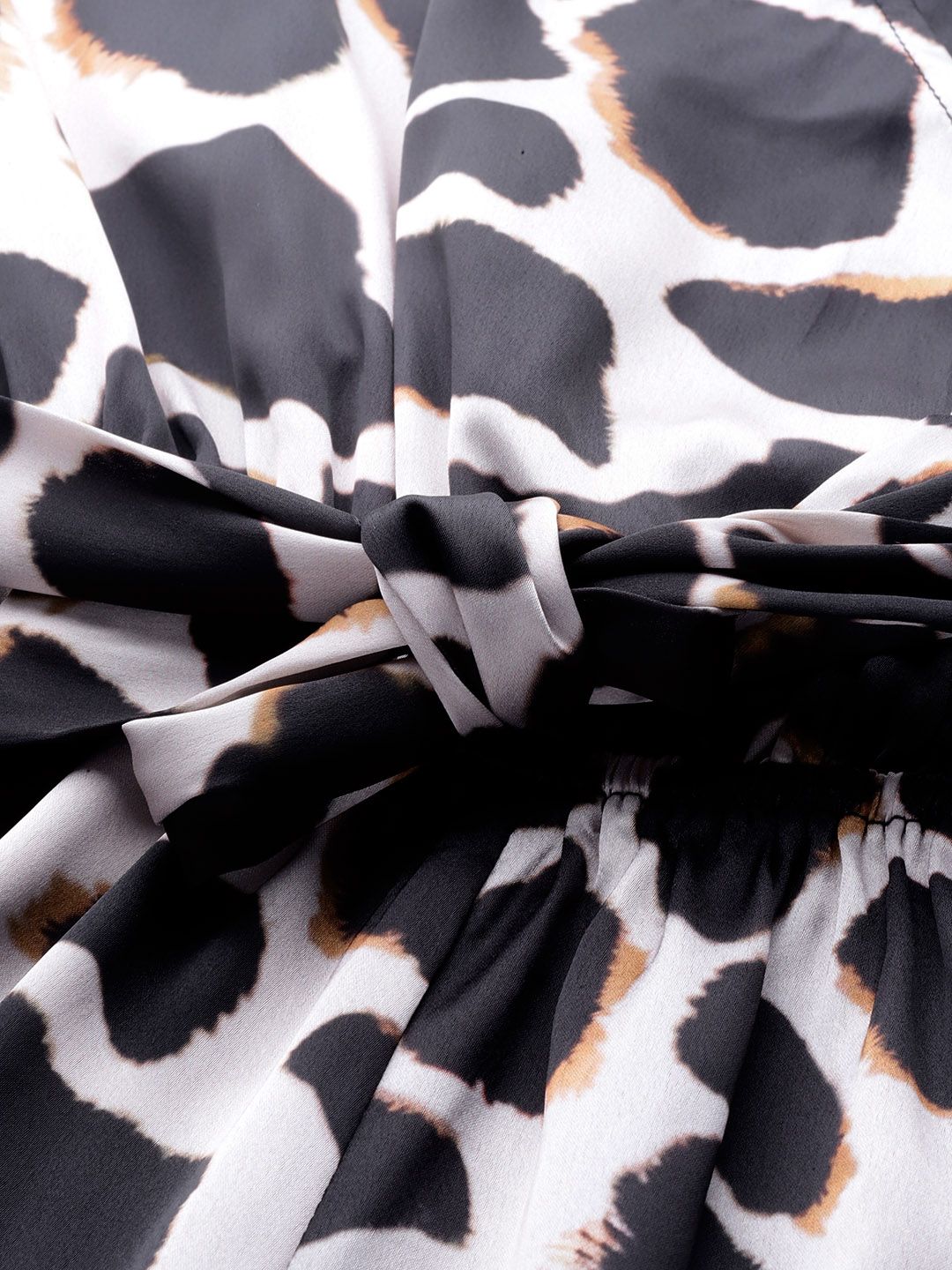 SASSAFRAS Off White & Black Animal Print Satin Playsuit