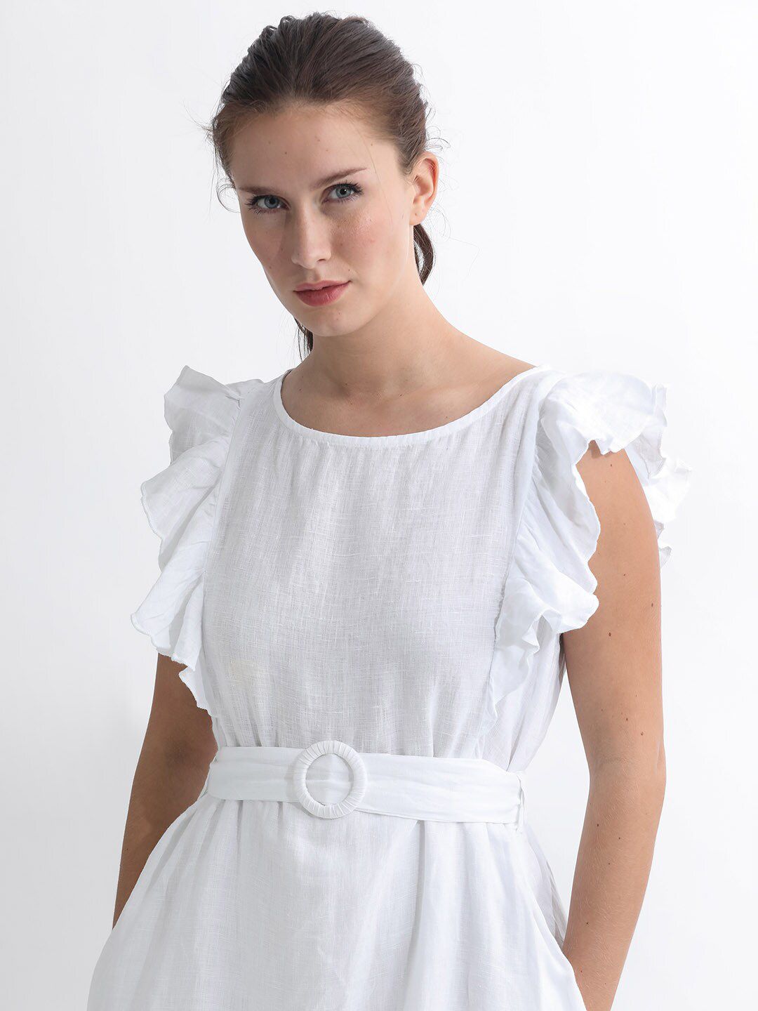 RAREISM Flutter Sleeve Linen A-Line Midi Dress