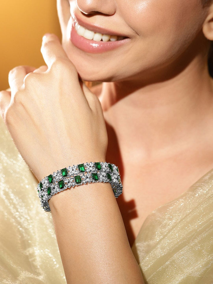 Rubans Set of 2 Rhodium-Plated Emerald Green & Cubic Zirconia Studded Bangles