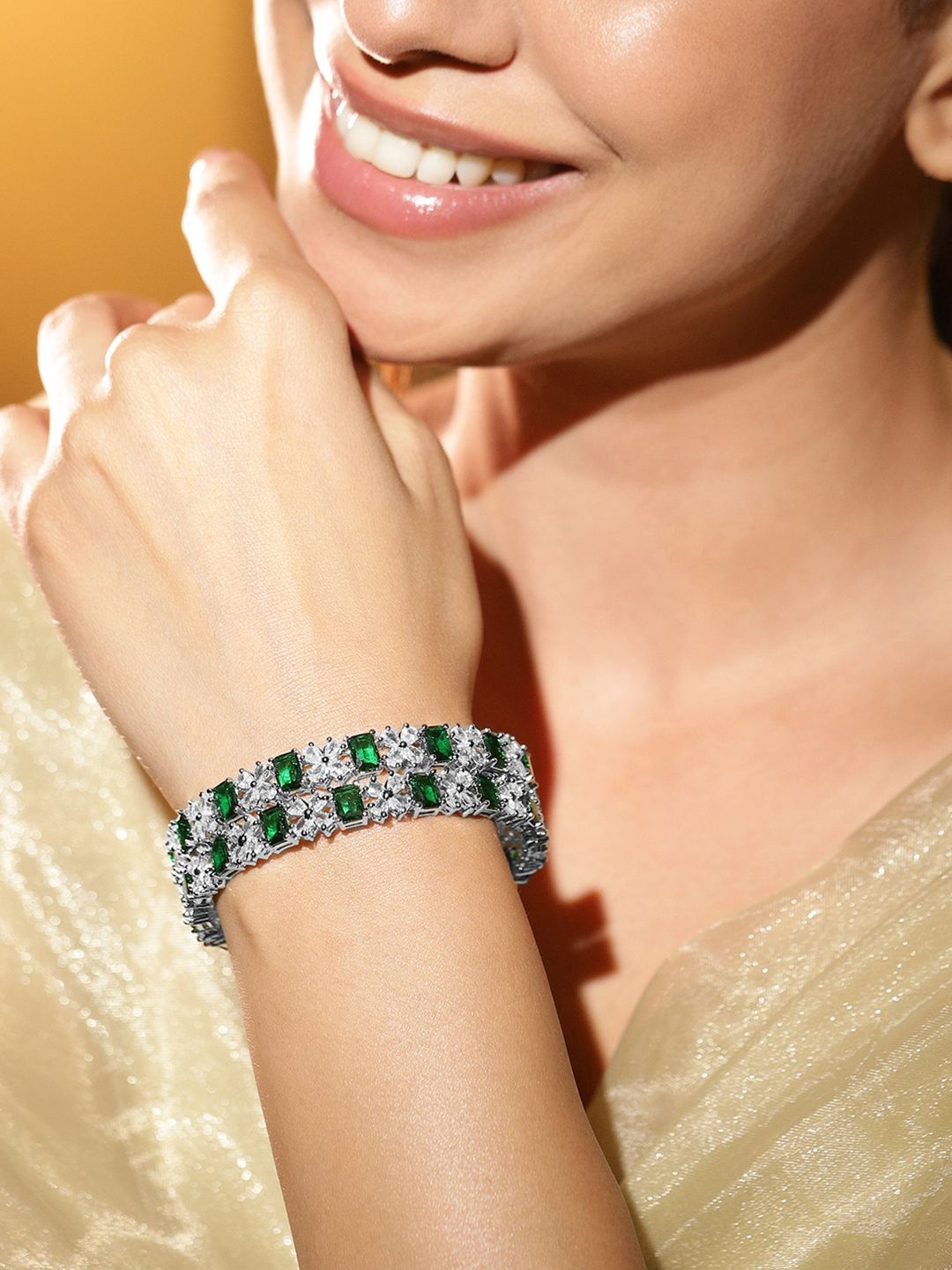 Rubans Set of 2 Rhodium-Plated Emerald Green & Cubic Zirconia Studded Bangles
