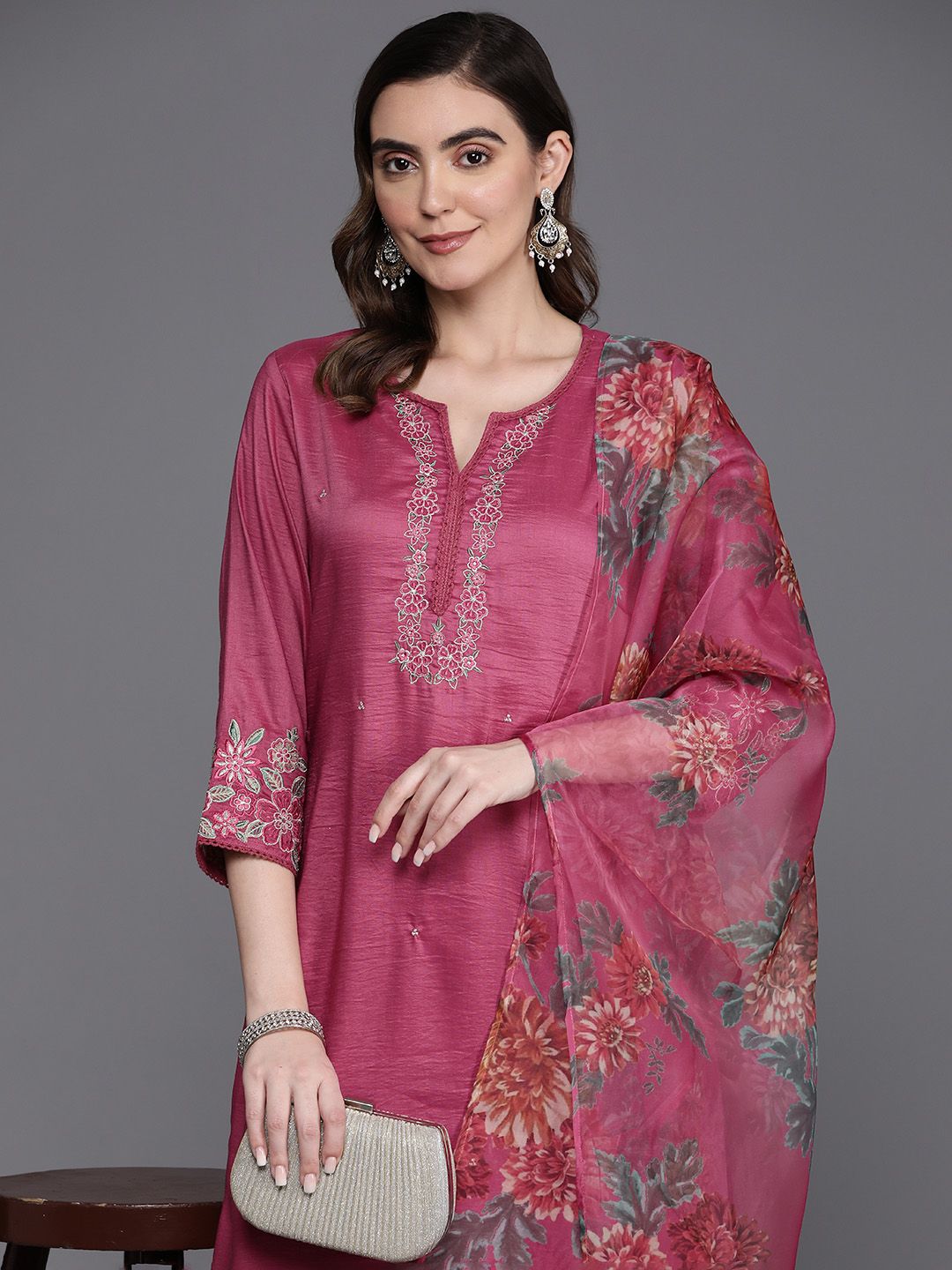 Indo Era Floral Embroidered Thread Work Kurta with Trousers & Dupatta
