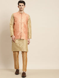 SOJANYA Men Golden & Peach-Coloured Kurta with Churidar & Nehru Jacket