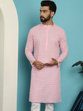 SOJANYA Striped Embroidered Thread Work Mandarin Collar Pure Cotton Straight Kurta
