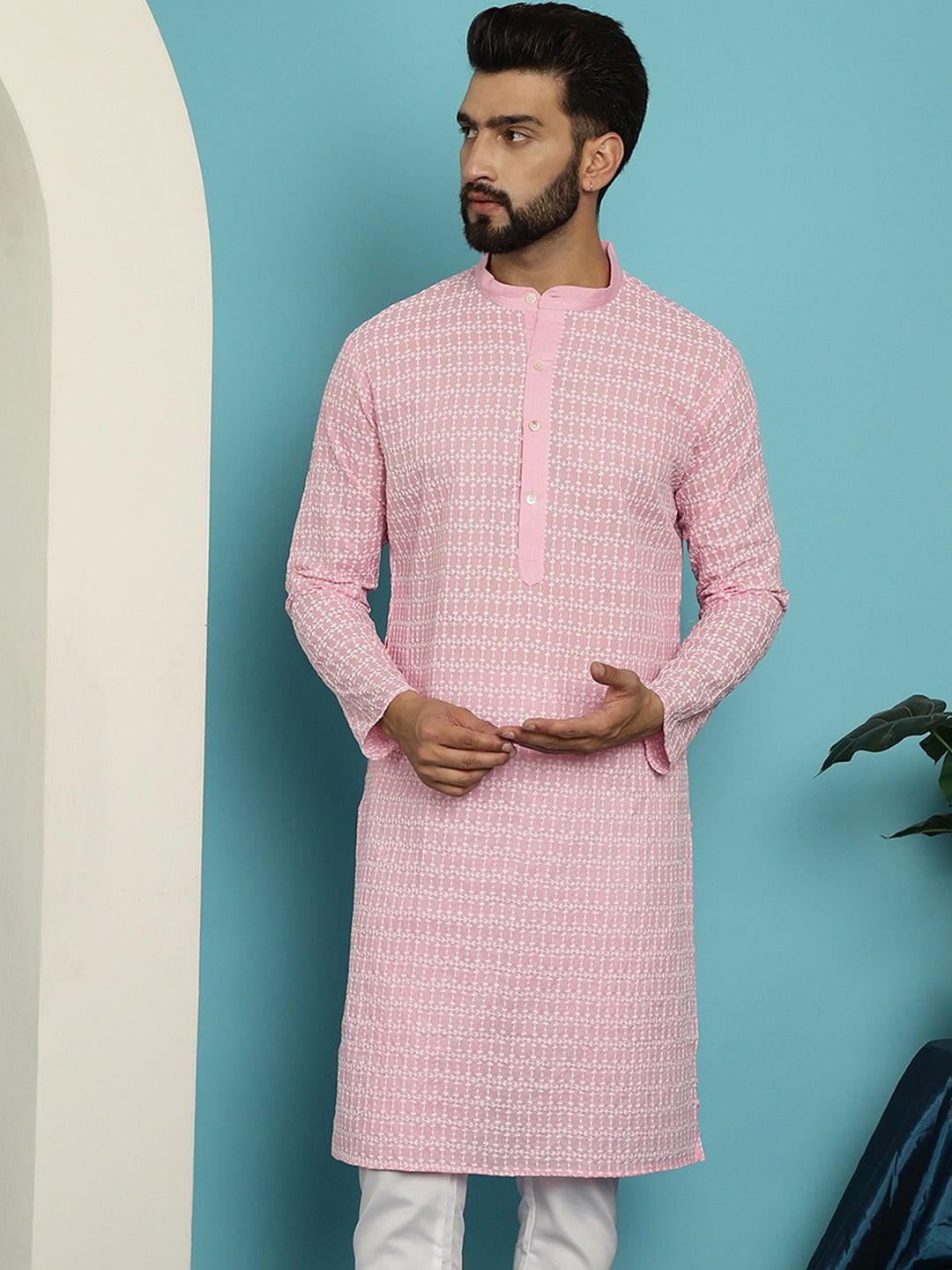 SOJANYA Striped Embroidered Thread Work Mandarin Collar Pure Cotton Straight Kurta