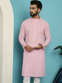 SOJANYA Striped Embroidered Thread Work Mandarin Collar Pure Cotton Straight Kurta