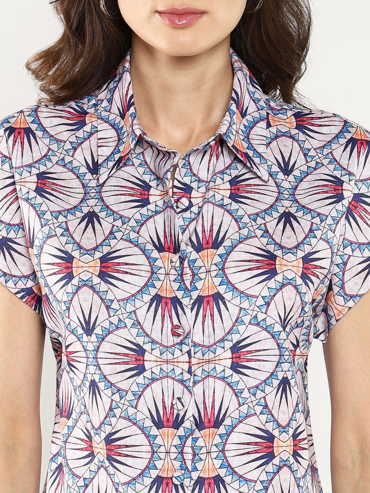 Rareism Geometric Print Extended Sleeves Shirt Shirt Gaya Atas