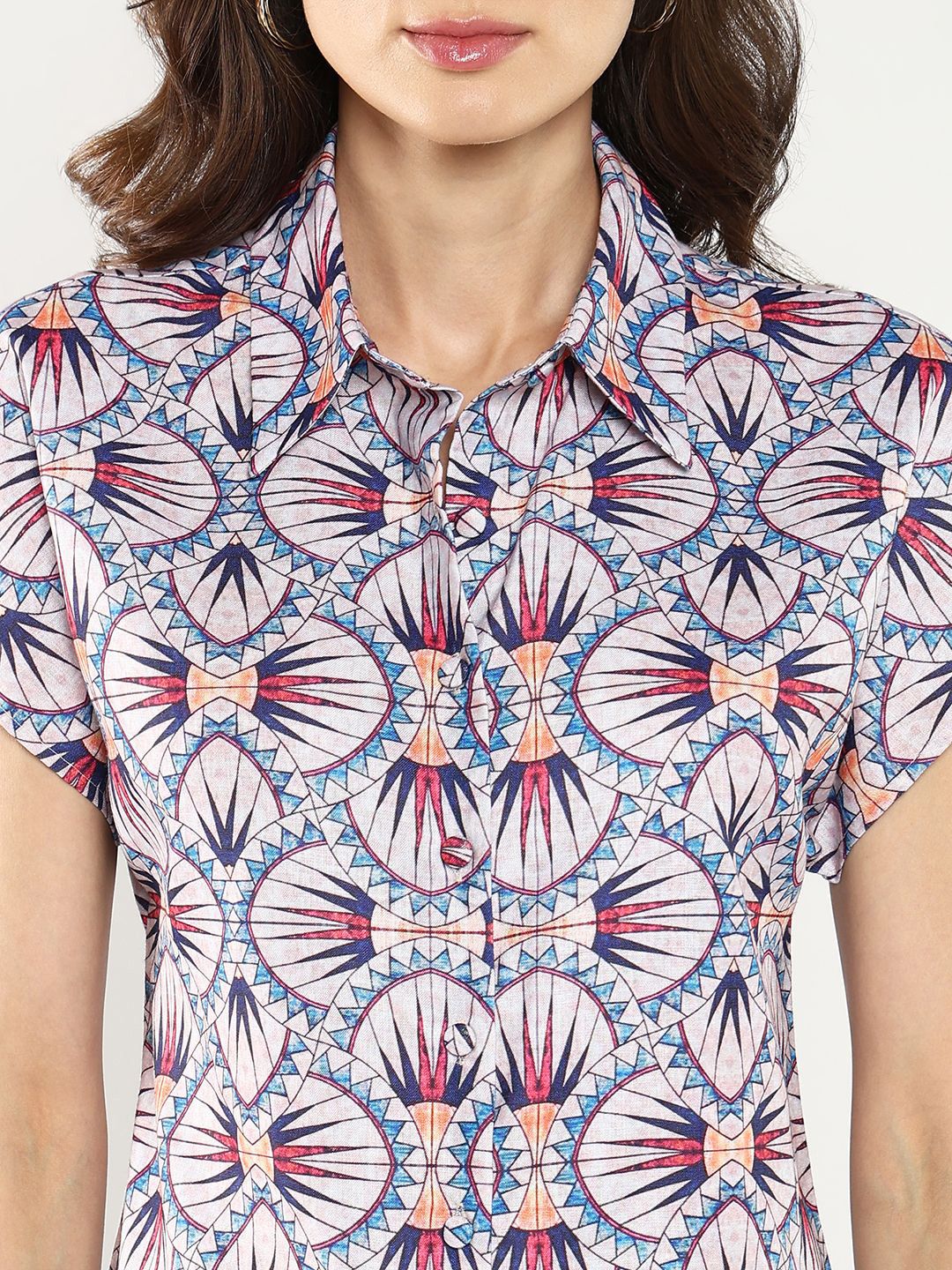 Rareism Geometric Print Extended Sleeves Shirt Shirt Gaya Atas