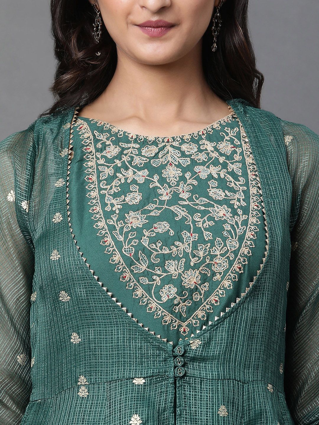 W Floral Embroidered Anarkali Thread Work Kurta With Palazzos