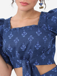 Vishudh Navy Blue Floral Printed Puff Sleeves Tie Ups Detail Regular Top With Palazzos