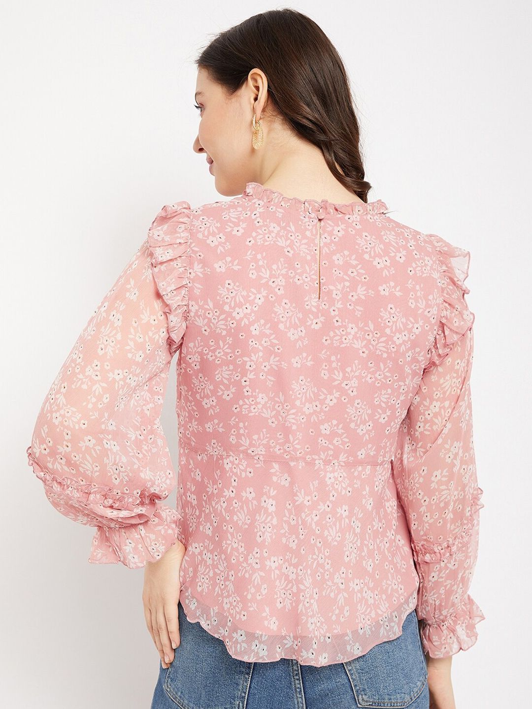 Antheaa Floral Printed Puff Sleeves Chiffon Top