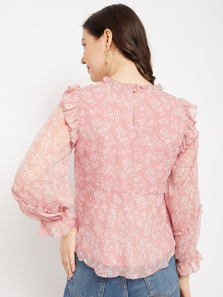 Antheaa Floral Printed Puff Sleeves Chiffon Top