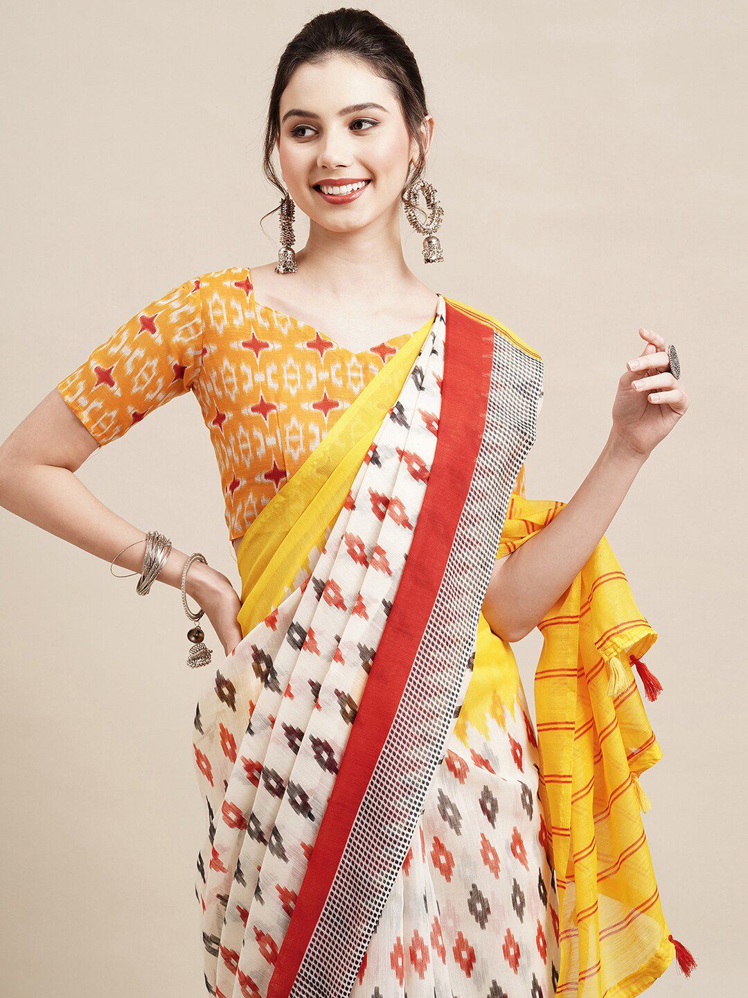 Saree mall Off White & Red Pure Cotton Sarees