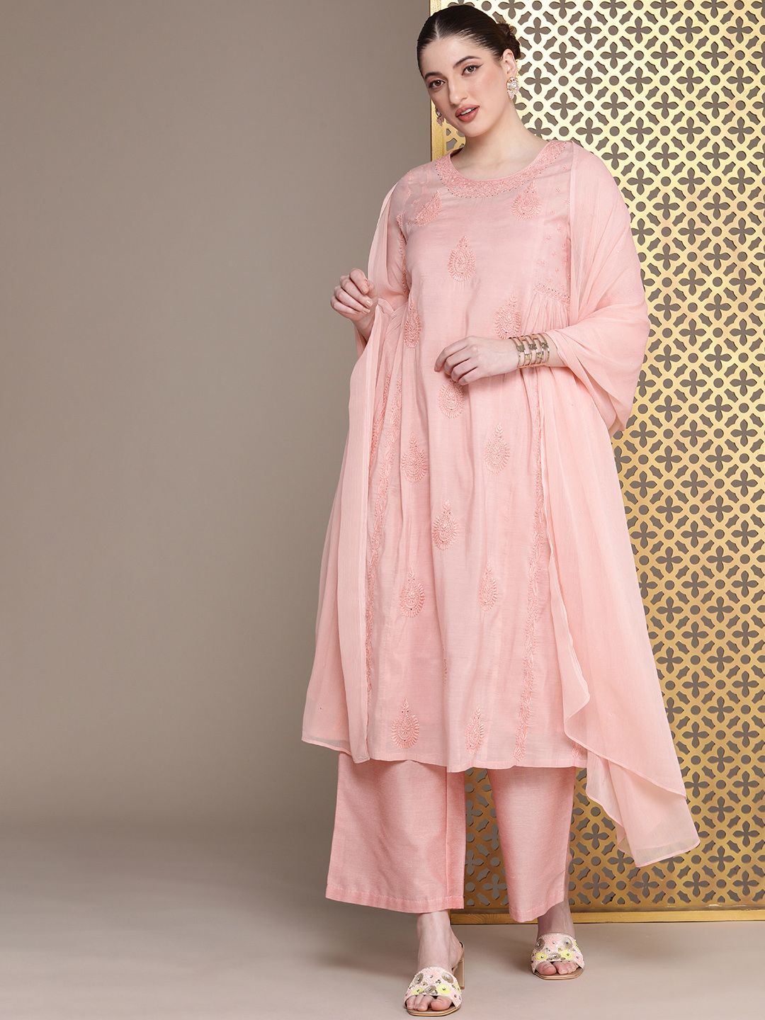 House of Pataudi Floral Chikankari Embroidered flared Jashn Kurta with Palazzo & Dupatta