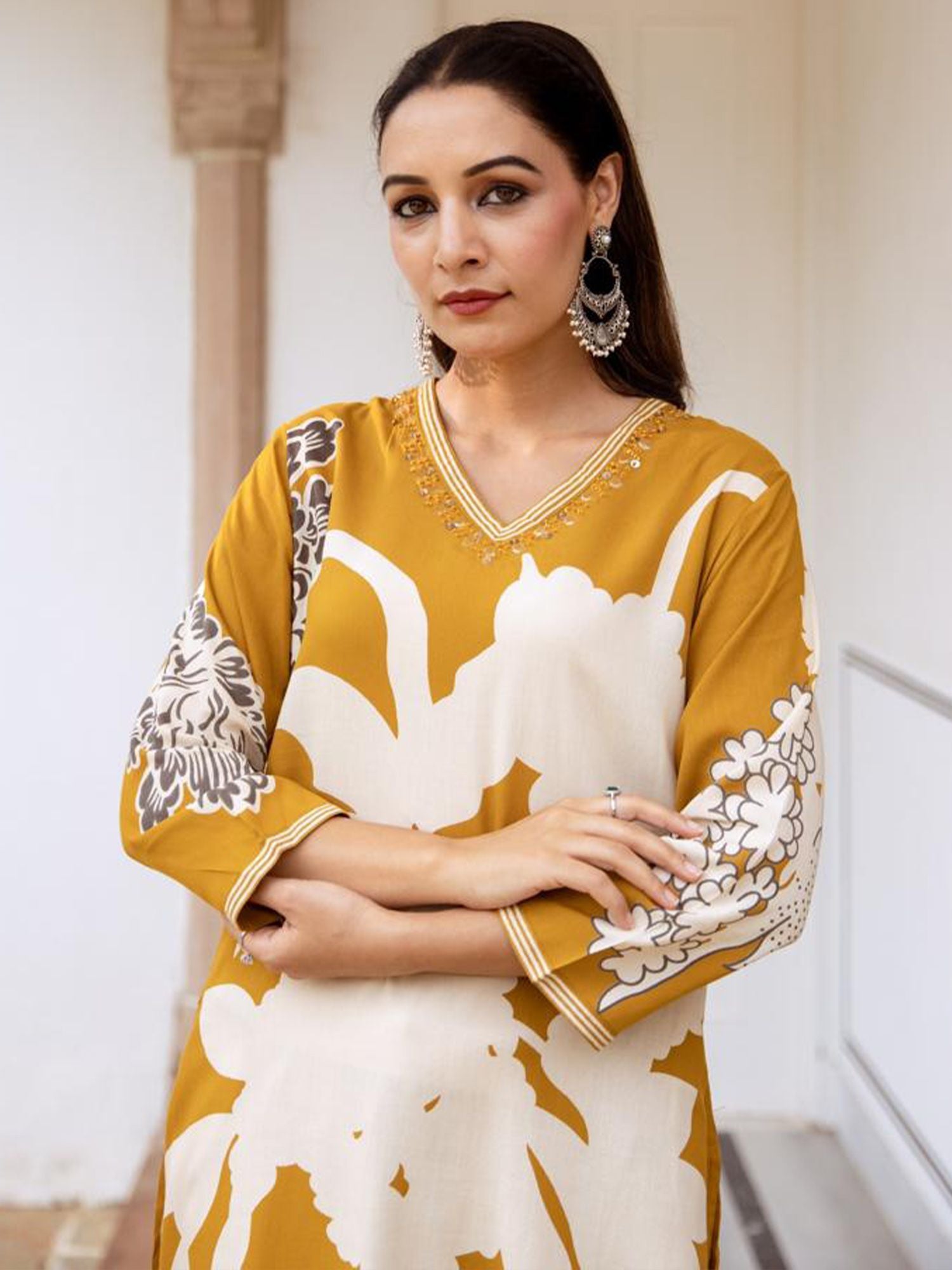Indo Era Floral Printed V-Neck A-Line Kurta With Salwar